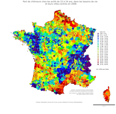 Part de chômeurs chez les actifs de 15 à 24 ans - bv2006
Mots-clés: chômage;âge;classes populaires;bassins de vie