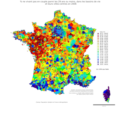 Part ne vivant pas en couple parmi les 29 ans ou moins - bv2006
Mots-clés: couple;âge;bassins de vie