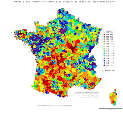 Part de 25'34 ans parmi les résidents - bv2006
Mots-clés: âge;bassins de vie