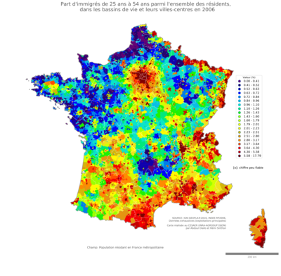 Part d'immigrés de 25 ans à 54 ans parmi l'ensemble des résidents - bv2006
Mots-clés: immigration;âge;classes populaires;bassins de vie