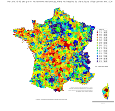 Part de 35'49 ans parmi les femmes résidentes - bv2006
Mots-clés: âge;sexe;femmes;bassins de vie