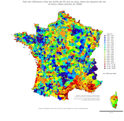 Part de chômeurs chez les actifs de 55 ans ou plus - bv2006
Mots-clés: chômage;âge;classes populaires;bassins de vie