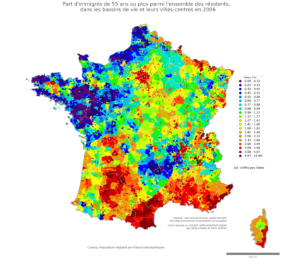 Part d'immigrés de 55 ans ou plus parmi l'ensemble des résidents - bv2006
Mots-clés: immigration;âge;classes populaires;bassins de vie