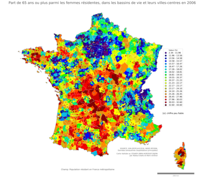 Part de 65 ans ou plus parmi les femmes résidentes - bv2006
Mots-clés: âge;sexe;femmes;bassins de vie