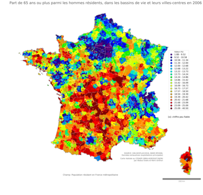 Part de 65 ans ou plus parmi les hommes résidents - bv2006
Mots-clés: âge;sexe;hommes;bassins de vie