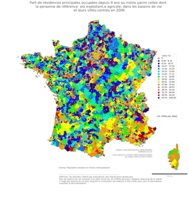 Part de résidences principales occupées depuis 9 ans ou moins parmi celles dont la personne de référence est exploitant.e agricole - bv2006
Mots-clés: résidence et logement;profession;fonction publique ou indépendance;bassins de vie