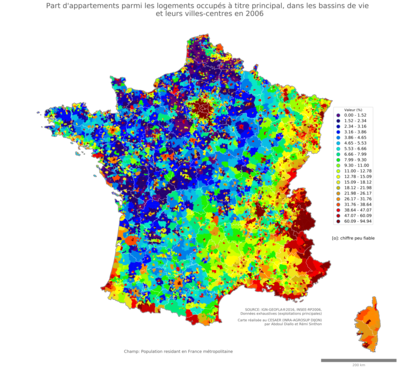 Part d'appartements parmi les logements occupés à titre principal - bv2006
Mots-clés: résidence et logement;conditions d-existence;bassins de vie