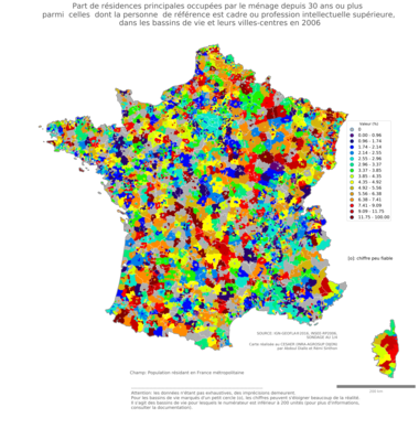 Part de résidences principales occupées par le ménage depuis 30 ans ou plus parmi celles dont la personne de référence est cadre ou profession intellectuelle supérieure - bv2006
Mots-clés: résidence et logement;profession;classes supérieures;bassins de vie