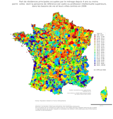 Part de résidences principales occupées par le ménage depuis 4 ans ou moins parmi celles dont la personne de référence est cadre ou profession intellectuelle supérieure - bv2006
Mots-clés: résidence et logement;profession;classes supérieures;bassins de vie