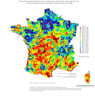 Part de familles formées d'un couple avec enfants de moins de 25 ans - bv2006
Mots-clés: famille et enfants;couple;bassins de vie