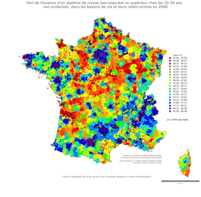 Part de titulaires d'un diplôme de niveau baccalauréat ou supérieur chez les 25'39 ans non'scolarisés - bv2006
Mots-clés: études et diplôme;âge;bassins de vie