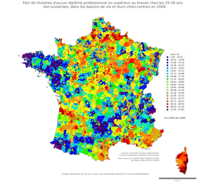 Part de titulaires d'aucun diplôme professionnel ou supérieur au brevet chez les 25'39 ans non'scolarisés - bv2006
Mots-clés: études et diplôme;âge;classes populaires;bassins de vie