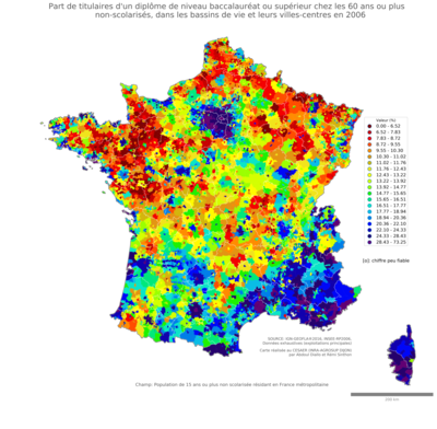 Part de titulaires d'un diplôme de niveau baccalauréat ou supérieur chez les 60 ans ou plus non'scolarisés - bv2006
Mots-clés: études et diplôme;âge;bassins de vie