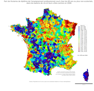  diplôme de l'enseignement professionnel court chez les 60 ans ou plus non'scolarisés - bv2006
Mots-clés: études et diplôme;âge;classes populaires;bassins de vie