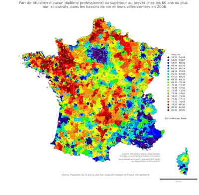 Part de titulaires d'aucun diplôme professionnel ou supérieur au brevet chez les 60 ans ou plus non'scolarisés - bv2006
Mots-clés: études et diplôme;âge;classes populaires;bassins de vie