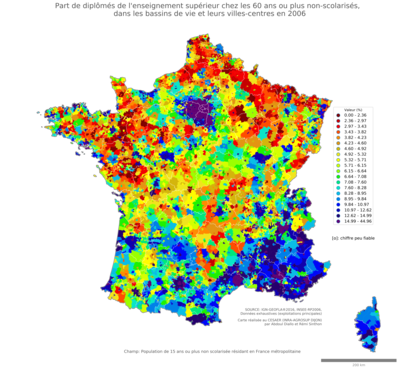 Part de diplômés de l'enseignement supérieur chez les 60 ans ou plus non'scolarisés - bv2006
Mots-clés: études et diplôme;âge;classes supérieures;bassins de vie