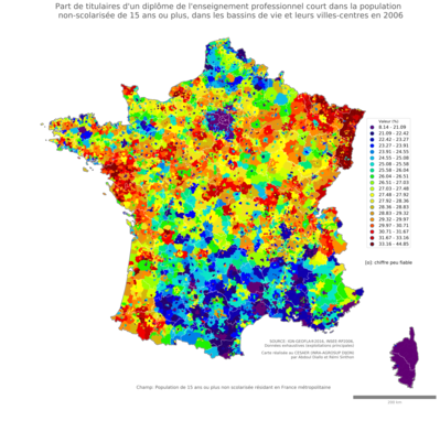 Part de titulaires d'un diplôme de l'enseignement professionnel court dans la population non'scolarisée de 15 ans ou plus - bv2006
Mots-clés: études et diplôme;classes populaires;bassins de vie