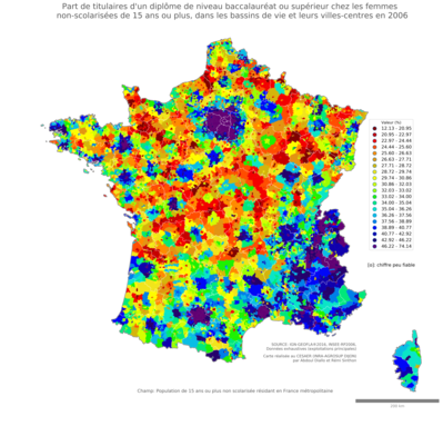 Part de titulaires d'un diplôme de niveau baccalauréat ou supérieur chez les femmes non'scolarisées de 15 ans ou plus - bv2006
Mots-clés: études et diplôme;sexe;femmes;bassins de vie