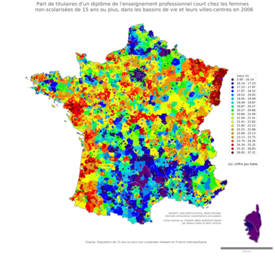 Part de titulaires d'un diplôme de l'enseignement professionnel court chez les femmes non'scolarisées de 15 ans ou plus - bv2006
Mots-clés: études et diplôme;sexe;femmes;classes populaires;bassins de vie