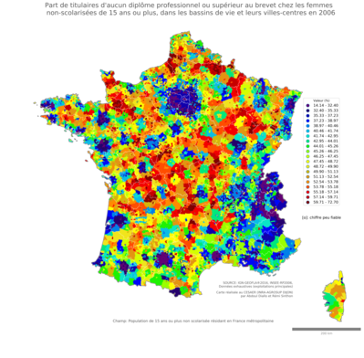 Part de titulaires d'aucun diplôme professionnel ou supérieur au brevet chez les femmes non'scolarisées de 15 ans ou plus - bv2006
Mots-clés: études et diplôme;sexe;femmes;classes populaires;bassins de vie