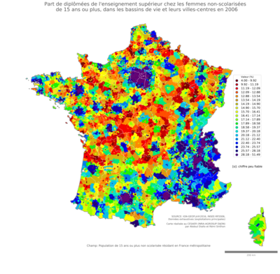 Part de diplômées de l'enseignement supérieur chez les femmes non'scolarisées de 15 ans ou plus - bv2006
Mots-clés: études et diplôme;sexe;femmes;classes supérieures;bassins de vie