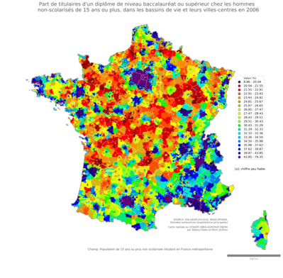 Part de titulaires d'un diplôme de niveau baccalauréat ou supérieur chez les hommes non'scolarisés de 15 ans ou plus - bv2006
Mots-clés: études et diplôme;sexe;hommes;bassins de vie