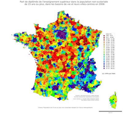 Part de diplômés de l'enseignement supérieur dans la population non'scolarisée de 15 ans ou plus - bv2006
Mots-clés: études et diplôme;classes supérieures;bassins de vie