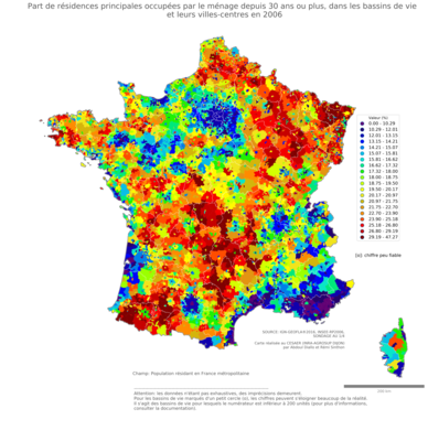 Part de résidences principales occupées par le ménage depuis 30 ans ou plus - bv2006
Mots-clés: résidence et logement;bassins de vie