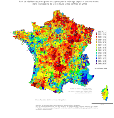 Part de résidences principales occupées par le ménage depuis 4 ans ou moins - bv2006
Mots-clés: résidence et logement;bassins de vie