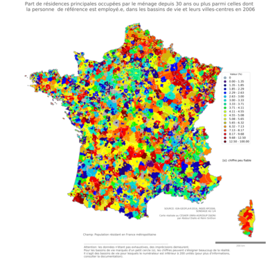 Part de résidences principales occupées par le ménage depuis 30 ans ou plus parmi celles dont la personne de référence est employé.e - bv2006
Mots-clés: résidence et logement;profession;classes populaires;bassins de vie