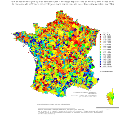 Part de résidences principales occupées par le ménage depuis 4 ans ou moins parmi celles dont la personne de référence est employé.e - bv2006
Mots-clés: résidence et logement;profession;classes populaires;bassins de vie