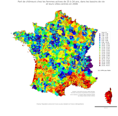 Part de chômeurs chez les femmes actives de 25 à 34 ans - bv2006
Mots-clés: chômage;sexe;femmes;âge;classes populaires;bassins de vie