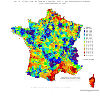 Part de chômeurs chez les femmes actives de 15 ans ou plus - bv2006
Mots-clés: chômage;sexe;femmes;classes populaires;bassins de vie