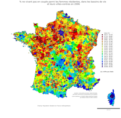 Part ne vivant pas en couple parmi les femmes résidentes - bv2006
Mots-clés: couple;sexe;femmes;bassins de vie