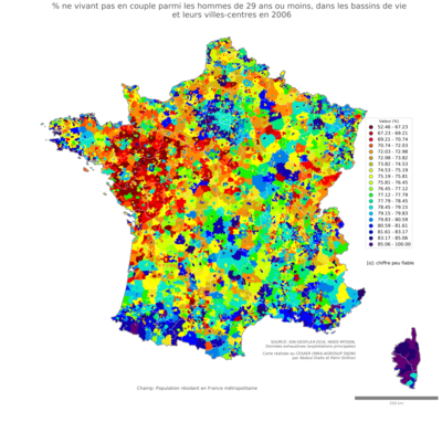 Part ne vivant pas en couple parmi les hommes de 29 ans ou moins - bv2006
Mots-clés: couple;âge;sexe;hommes;bassins de vie