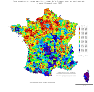 Part ne vivant pas en couple parmi les hommes de 30 à 49 ans - bv2006
Mots-clés: couple;âge;sexe;hommes;bassins de vie