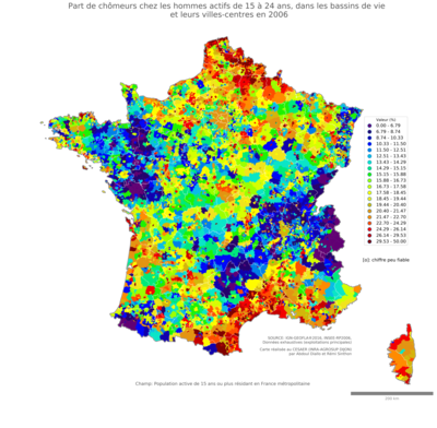 Part de chômeurs chez les hommes actifs de 15 à 24 ans - bv2006
Mots-clés: chômage;sexe;hommes;âge;classes populaires;bassins de vie