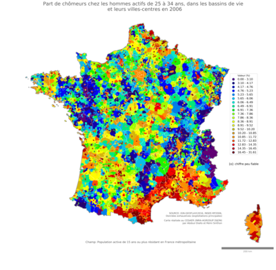 Part de chômeurs chez les hommes actifs de 25 à 34 ans - bv2006
Mots-clés: chômage;sexe;hommes;âge;classes populaires;bassins de vie