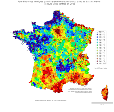 Part d'hommes immigrés parmi l'ensemble des résidents - bv2006
Mots-clés: immigration;sexe;hommes;classes populaires;bassins de vie