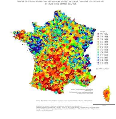 Part de 29 ans ou moins chez les hommes au lieu de travail - bv2006
Mots-clés: âge;lieu de travail;bassins de vie