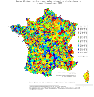 Part de 30'49 ans chez les hommes au lieu de travail - bv2006
Mots-clés: âge;lieu de travail;bassins de vie