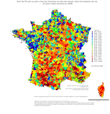 Part de 50 ans ou plus chez les hommes au lieu de travail - bv2006
Mots-clés: âge;lieu de travail;bassins de vie