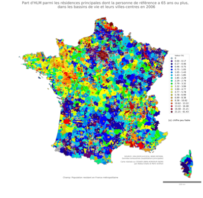 Part d'HLM parmi les résidences principales dont la personne de référence a 65 ans ou plus - bv2006
Mots-clés: résidence et logement;âge;conditions d-existence;classes populaires;bassins de vie