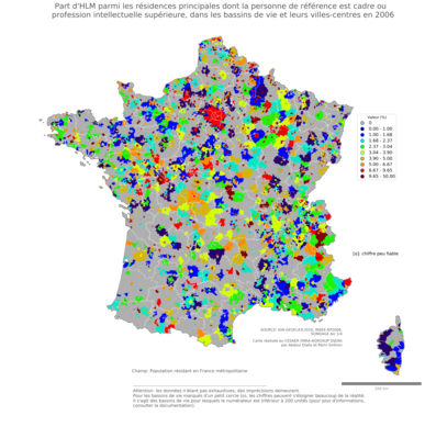 Part d'HLM parmi les résidences principales dont la personne de référence est cadre ou profession intellectuelle supérieure - bv2006
Mots-clés: résidence et logement;profession;conditions d-existence;classes supérieures;classes populaires;bassins de vie