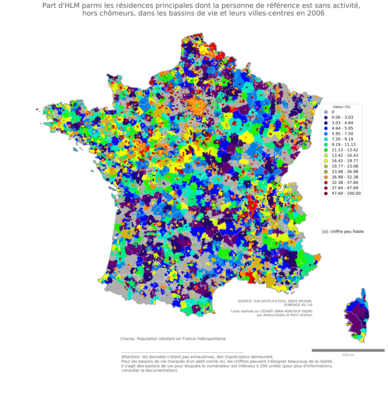 Part d'HLM parmi les résidences principales dont la personne de référence est sans activité, hors chômeurs - bv2006
Mots-clés: résidence et logement;chômage;conditions d-existence;classes populaires;bassins de vie