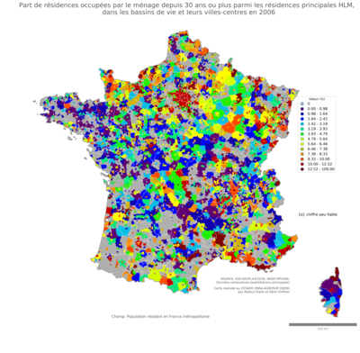 Part de résidences occupées par le ménage depuis 30 ans ou plus parmi les résidences principales HLM - bv2006
Mots-clés: résidence et logement;conditions d-existence;classes populaires;bassins de vie