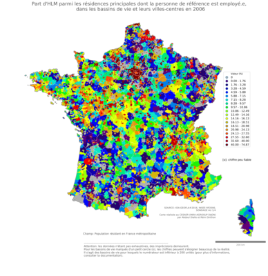 Part d'HLM parmi les résidences principales dont la personne de référence est employé.e - bv2006
Mots-clés: résidence et logement;profession;conditions d-existence;classes populaires;bassins de vie