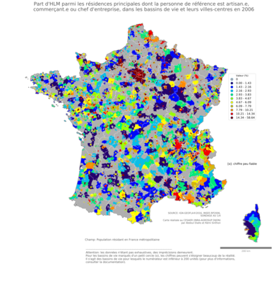 Part d'HLM parmi les résidences principales dont la personne de référence est artisan.e, commerçant.e ou chef d'entreprise - bv2006
Mots-clés: résidence et logement;profession;conditions d-existence;classes populaires;fonction publique ou indépendance;bassins de vie