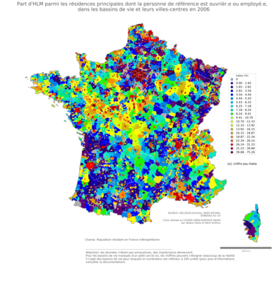 Part d'HLM parmi les résidences principales dont la personne de référence est ouvrièr.e ou employé.e - bv2006
Mots-clés: résidence et logement;profession;conditions d-existence;classes populaires;bassins de vie