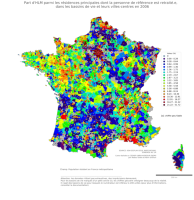 Part d'HLM parmi les résidences principales dont la personne de référence est retraité.e - bv2006
Mots-clés: résidence et logement;âge;conditions d-existence;classes populaires;bassins de vie